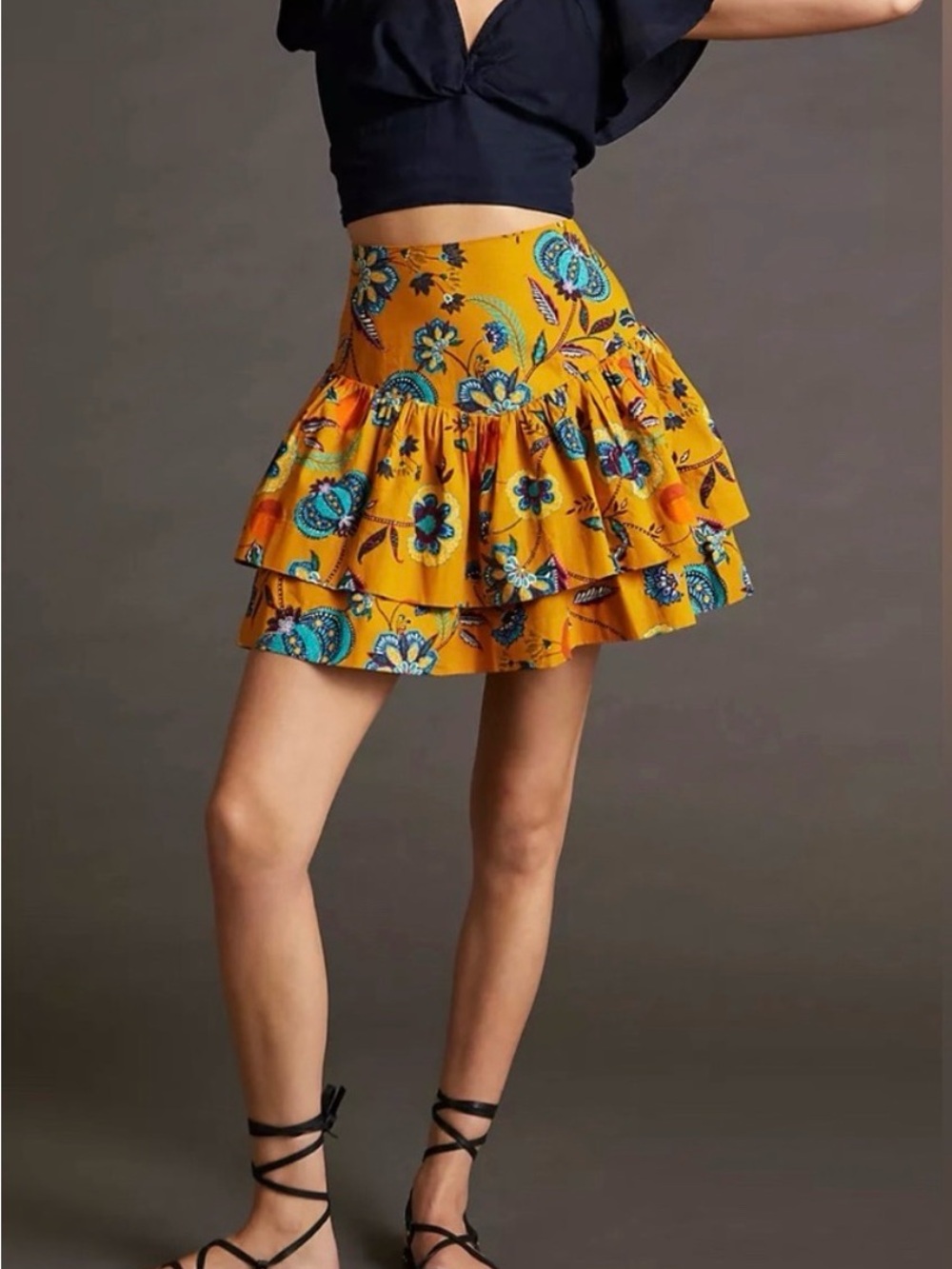 Anthropologie Golden Mustard Floral Tiered Mini Skirt
